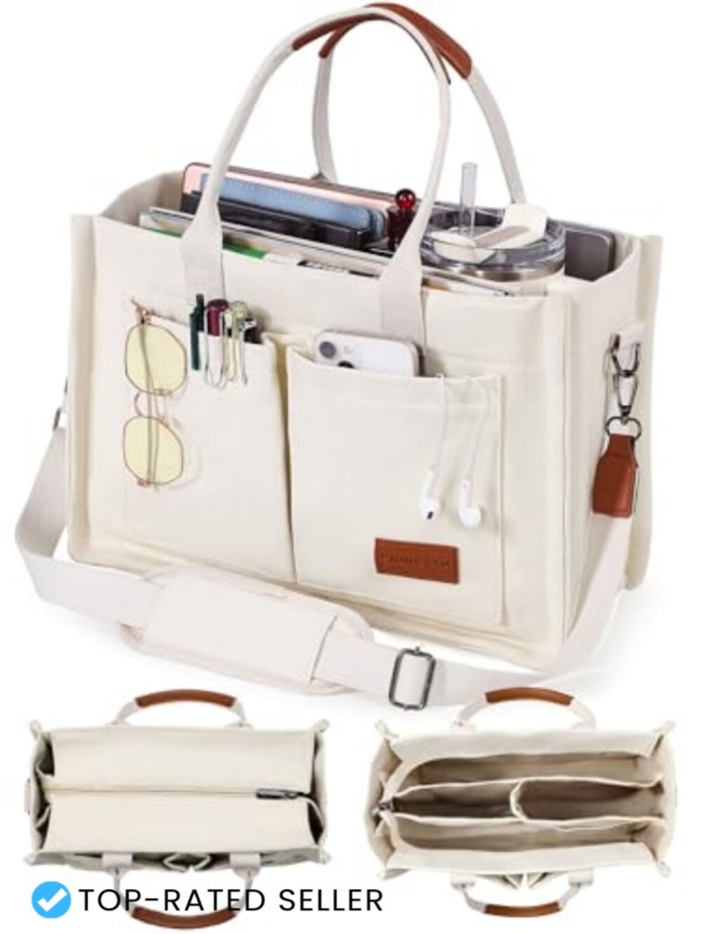 Canvas Tote Bag Zipper Closure Multi Compartment Laptop Work Travel